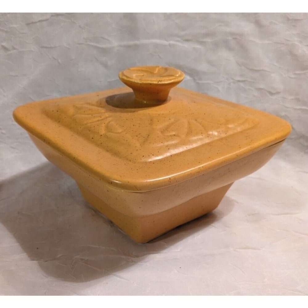 Vtg California Pottery Lid Dish L66 Yellow Gold Mid Century Speckled MCM Snack - Picture 14 of 16